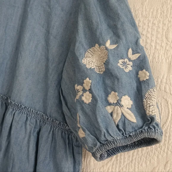 Denim Puff Sleeve Embroidered Midi Dress Babydoll Lightwash Modest Cute Sundress - Picture 3 of 9